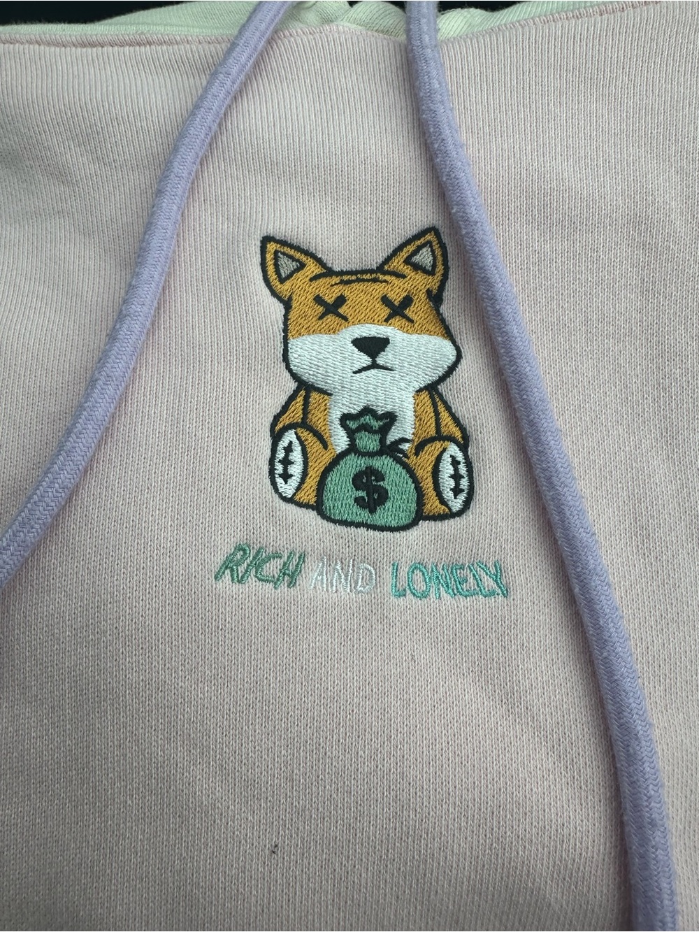 Rich and Lonely Embroidered Fox Hoodie - Light Pink